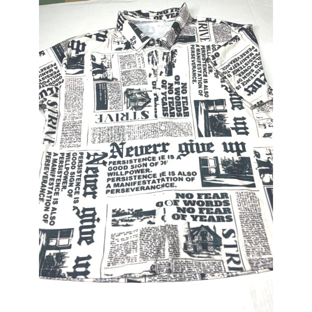 Newspaper Print Button Down Shirt Short SleeveWhiteBlack3XL Streetwear Graphicb3